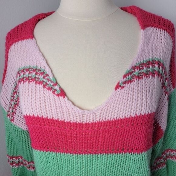 Altar'd State Colorblock Striped Crochet V- Neck Sweater Size Small Relaxed Fit - Picture 4 of 13